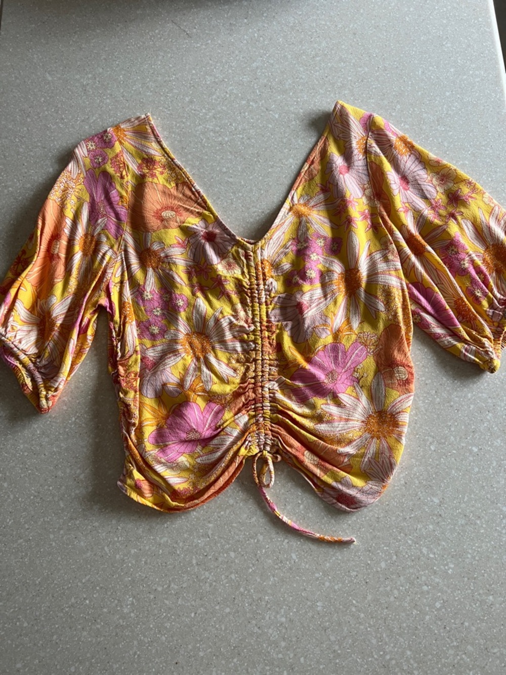 H&M Yellow and Pink Floral Ruched V-Neck Crop Top